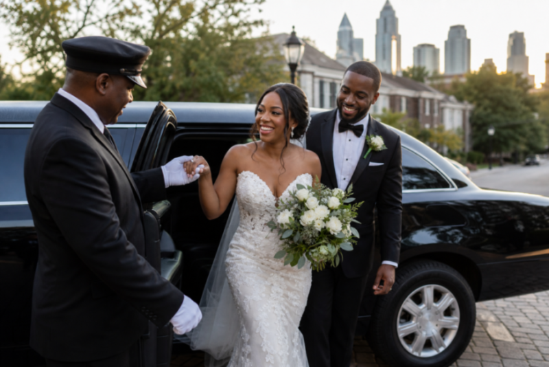 Bride and groom exiting a black stretch limousine in Charlotte with chauffeur holding the door at golden hour