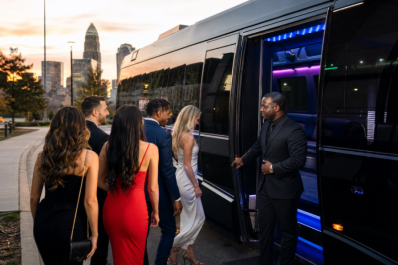 Chauffeur opening party bus door for group of guests with LED-lit interior and lounge seating visible